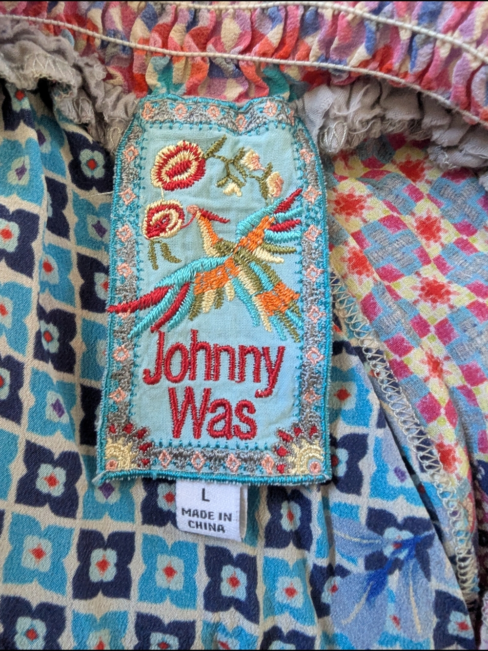 Johnny Was Patchwork Wide-Leg Pants in Blue & Pink - Picture 3 of 10